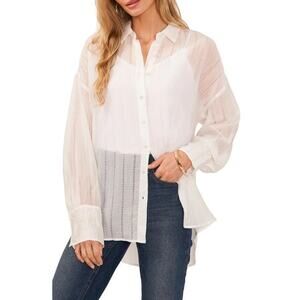 VINCE CAMUTO Sheer Button Up Shirt Jacquard Gauze White Lightweight Women's L